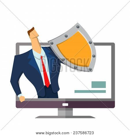 Man In Business Suit With A Shield Standing Out From Computer Monitor. Protecting Your Personal Data