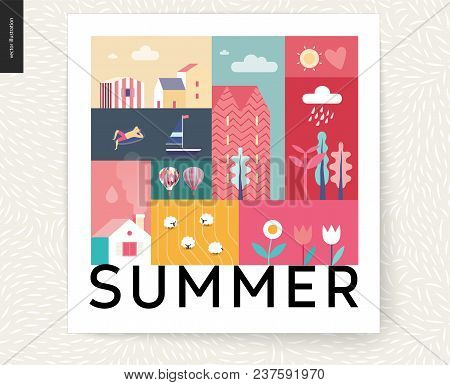 Idillic Summer Landscape Postcard - Countryside, Town, Travel And Vacation Camp Concept - Collage Of
