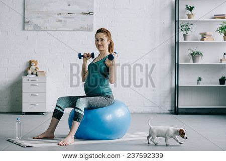 Attractive Pregnant Woman Exercising With Dumbbells On Fitness Ball In Living Room