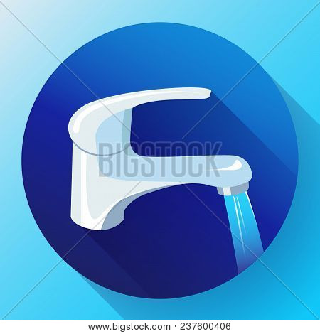 Water Tap With Flowing Water. Metal Water Faucet Icon, Faucet Water Vector