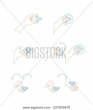 Human Hands Holding Spinner Tricks Set Trendy Toy For Relaxation Concept Thin Line Style Design. Vec