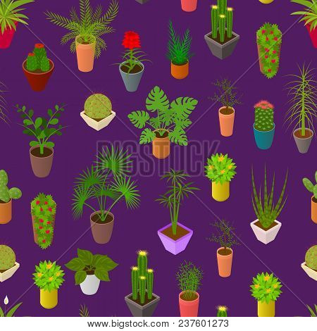 Green Plants In Pot Seamless Pattern Background 3d Isometric View Element Decoration Interior For Ho