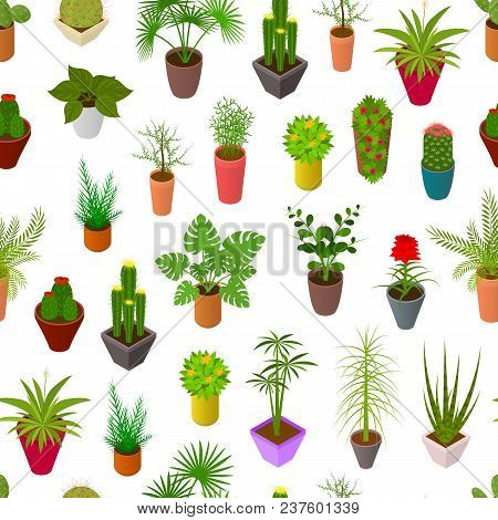 Green Plants In Pot Seamless Pattern Background On A White 3d Isometric View Element Decoration Inte