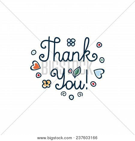 Thank You Handwritten Inscription. Retail Text In Round Floral Frame Rustic Folk Style. Round Floral