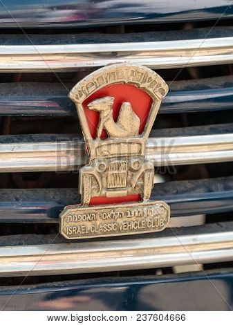 Nahariyya, Israel - April 21, 2018 : Emblem Of Israel Classic Vehicle Club - Club 5 Attached To The 