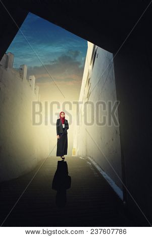 Life Is Journey And Success Concept, Young Businesswomen Standing In The Center Of Walkpath.