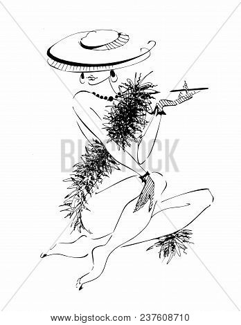 Sexy Young Girl In A Hat. Naked Beauty.  Model Boa Of Feathers . Vector Illustration.