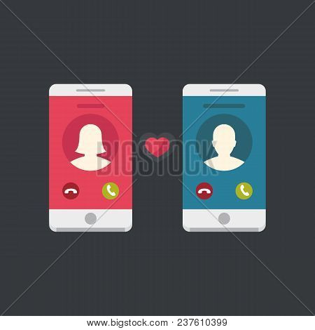 Communications Concept Flat Design. Couple In Love. Love Conversation. Two Samrtphones.