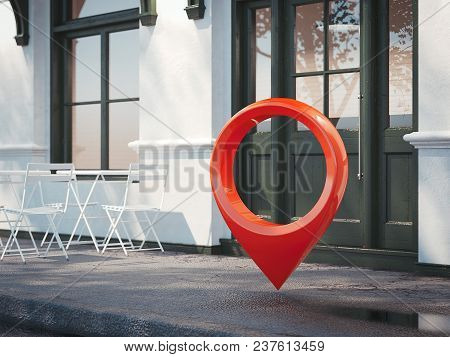 Street Restaurant With White Chairs, Dark Door And Red Geotag Or Map Pin. 3d Rendering