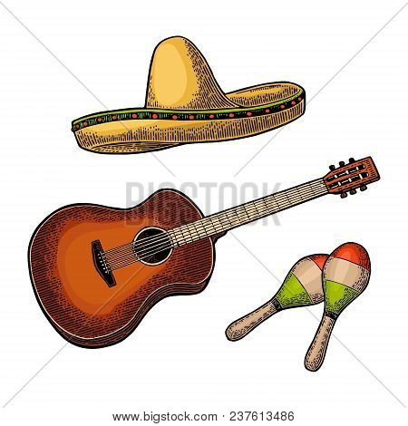 Set For Poster Mexican Carnival. Guitar, Maracas And Sombrero. Vintage Vector Color Engraving Illust
