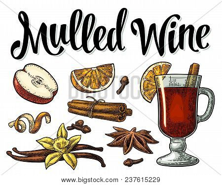 Grog With Glass And Ingredients. Mulled Wine Calligraphic Lettering. Cinnamon Stick, Apple, Lemon, A
