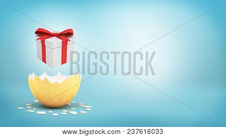 3d Rendering Of A White Gift Box With A Red Bow Hovers Over A Cracked Golden Egg On Blue Background.