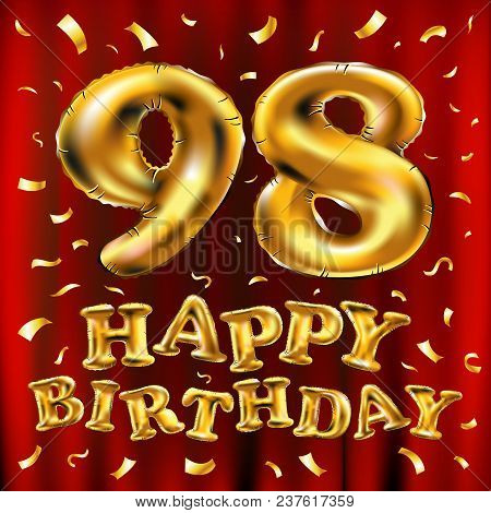 Vector Happy Birthday 98Th Celebration Gold Balloons And Golden Confetti Glitters. 3D Illustration D