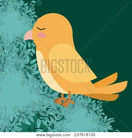 Cute Yellow Bird In Forest Scape Scene Vector Illustration Design