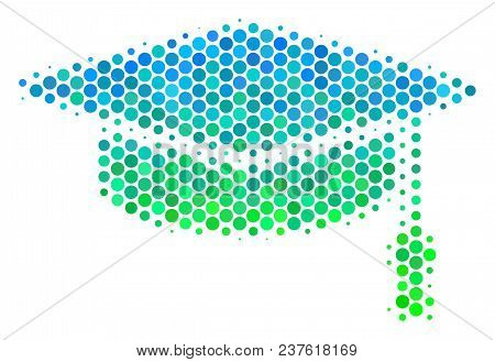 Halftone Round Spot Graduation Cap Icon. Pictogram In Green And Blue Color Hues On A White Backgroun