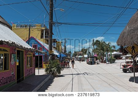 Holbox, Mexico-march 24, 2018: Sandy Road With Tourists And Stalls On Holbox Island, Quintana Roo, M