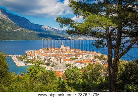Beautiful View Of The Historic Town Of Korcula On A Beautiful Sunny Day With Blue Sky And Clouds In 
