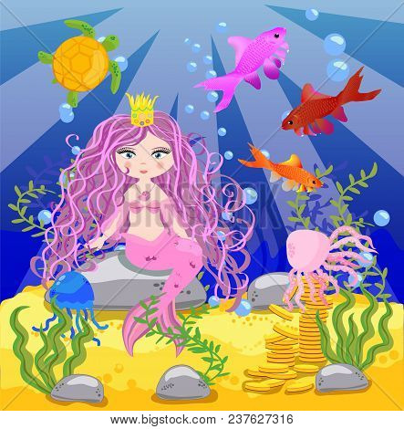 Vector Background With An Underwater World In A Children's Style. A Mermaid Is Sitting On A Rock. Wo