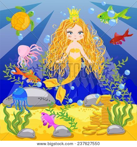 Vector Background With An Underwater World In A Children's Style. A Mermaid Is Sitting On A Rock. Wo