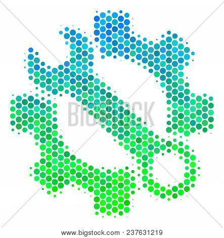 Halftone Circle Service Tools Icon. Icon In Green And Blue Shades On A White Background. Vector Mosa
