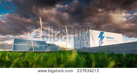 Concept Of Energy Storage System. Renewable Energy - Photovoltaics, Wind Turbines And Li-ion Battery