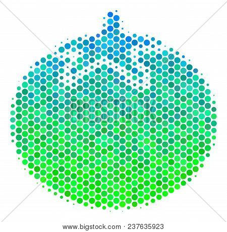 Halftone Round Spot Tomato Vegetable Pictogram. Icon In Green And Blue Color Tones On A White Backgr