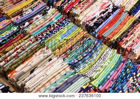 Japanese Tenugui Towels At A Store In Kyoto. Tenugui Hand Towels Are A Typical Small Souvenir Or Gif