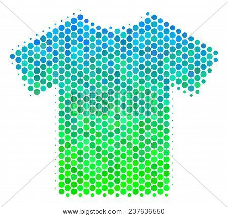 Halftone Round Spot T-shirt Pictogram. Icon In Green And Blue Color Tinges On A White Background. Ve