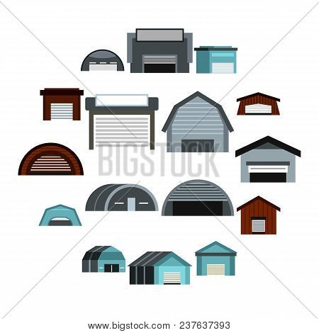 Flat Hangar Icons Set. Universal Hangar Icons To Use For Web And Mobile Ui, Set Of Basic Hangar Elem