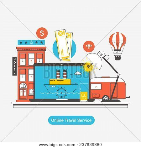 Booking Reserve Hotel.travel Booking Concept. Hotel Reservation, Ticket Purchase. Flat Vector Illust