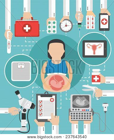 Gynecologist Medical Flat Design Isolated Vector Illustration With Pregnant Woman.vector Illustratio