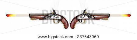 Two Antique Flintlock Pistols Firing Hot Musketballs.
