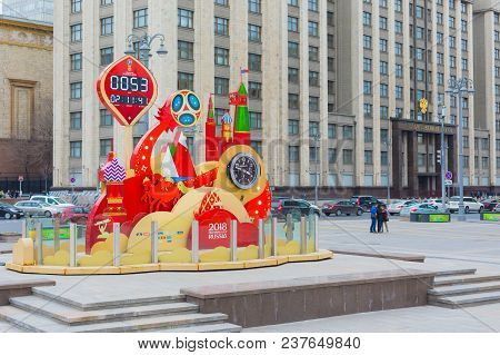 Moscow, Russia. April 22, 2018. Countdown Clock For The Fifa World Cup 2018 At The Manege Square In 