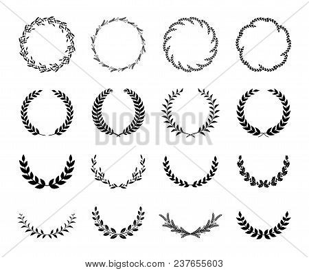 Collection Of Different Black And White Silhouette Circular Laurel Foliate, Wheat And Oak Wreaths De