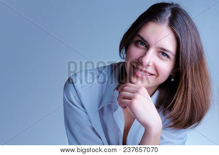 Successful, Feminine Office Manager, Secretary Smile In White Shirt. Portrait Of Pretty Caucasian Yo