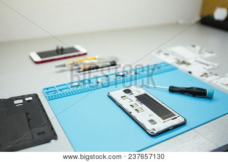 Modern Electronic Devices, Gadgets, Technology, Electronics And Maintenance Concept. Top View Of Des