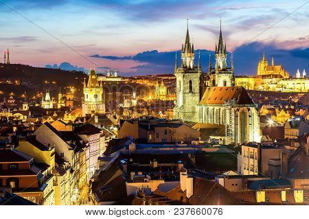 Amazing Cityscape View Of Prague Castle And Church Of Our Lady Tyn, Czech Republic During Sunset Tim