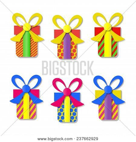 Set Of Colorful Vector Gift Boxes With Bows And Ribbons.