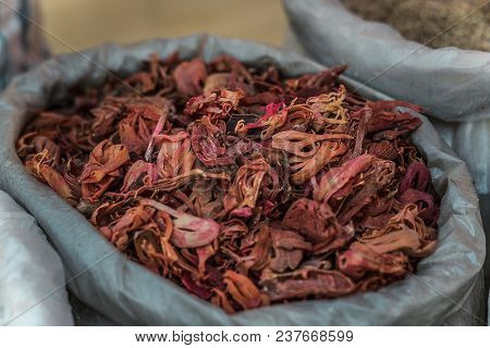Red Carcade Petals In A Bag In The Spice Market