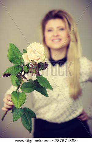 International Women Or Mother Day. Beautiful Portrait Of Pretty Woman Blonde Hair With White Rose Fl
