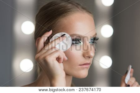 Woman Use Cotton Pad For Cleaning Face Skin. Woman Remove Makeup With Cotton Pad. Beauty Model With 