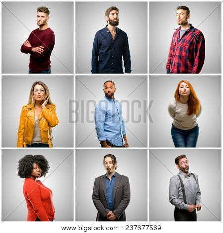 Group of mixed people, women and men expressing love, blows kiss at camera, flirting