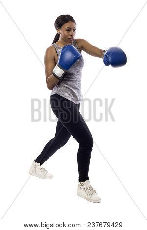 Black Female Isolated On A White Background Wearing Boxing Gloves Working Out With Box Aerobics Card