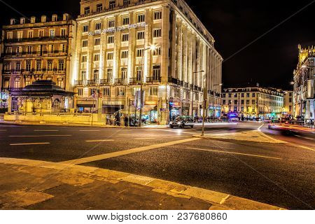 Lisbon, Portugal - April  15, 2018 . Avenida Palace Hotel By Jose Luis Monteiro At Restauradores Squ
