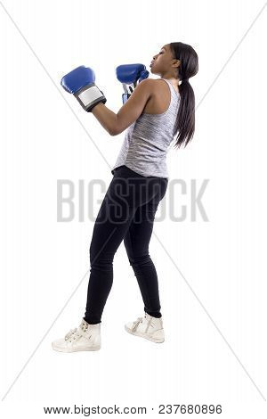 Black Female Isolated On A White Background Wearing Boxing Gloves Working Out With Box Aerobics Card