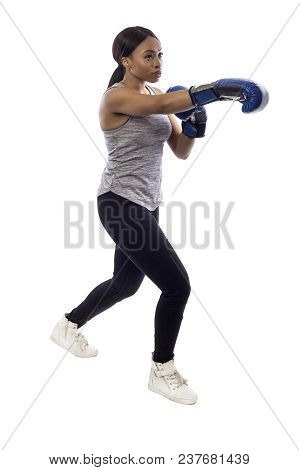 Black Female Isolated On A White Background Wearing Boxing Gloves Working Out With Box Aerobics Card