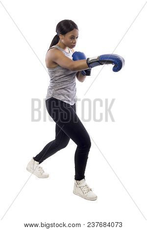 Black Female Isolated On A White Background Wearing Boxing Gloves Working Out With Box Aerobics Card