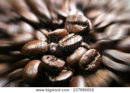 Coffee Beans Close Up With Zoom Burst High Quality Stock Photo