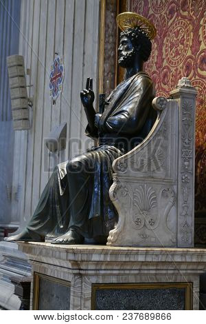 Vatican City, Vatican State -  April 10, 2018: Saint Peter Bronze Statue In The Saint Peter Basilica