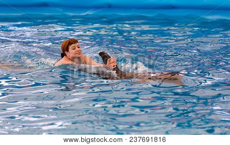 Young Happy Girl Swimming With Dolphin